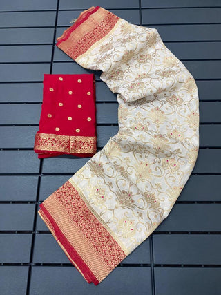 White Color Saree With Red Border Pure Khadhi Silk Saree With Rich Zari Woven Pallu