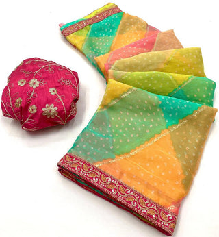 Multi Color Chiffon Saree With foil Print And Embroidered Sequins Border And Embroidered Blouse