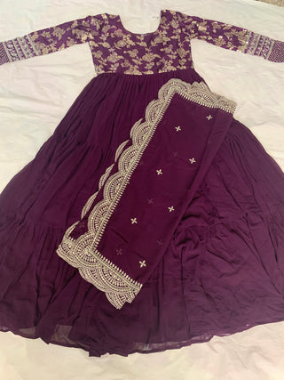 2-4 Days Delivery! Faux Blooming Gown With Viscose Dyable Jacquard & Dupatta With Embroidery Sequence Work, Listing ID: 9436067528986