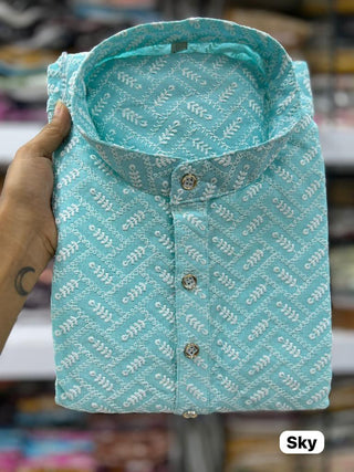 Blue Color Long Kurta and  White pyjama set With Chikan Schiffli Work