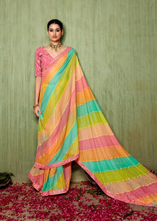 Multi Color Chiffon Saree With foil Print And Embroidered Sequins Border And Embroidered Blouse