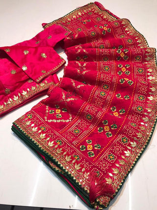 pink Color Ethinic Georgette Saree with bandhani Print And gotta pati Lace border