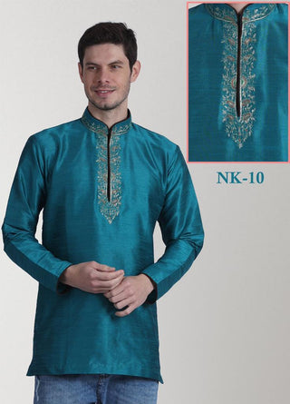Rama Blue color Gents Ethinic Embroidered  Dupion Silk Kurta