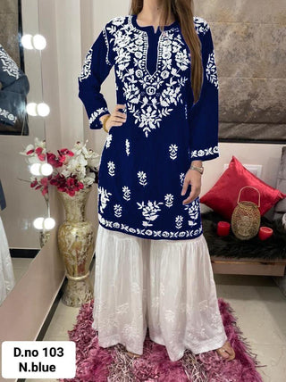 Embroidered Navy Blue Sarara Set,Kurti Color Blue And Sarara Color Is White