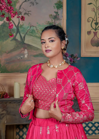 HEAVY CHANDERI COTTON DESIGNER PINK COLOR LEHENGA WITH JACKET