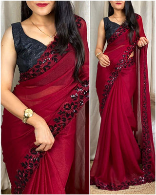 Chiffon Tone To Tone  Black Sequins thread Work Saree And Black Bonding Blouse
