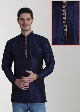 Mens Dupion Silk Navy Blue Kurta  With Lupi Button Style