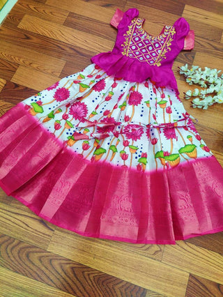 Pink  with White Color Girls Lehenga With Digital Print And Embroidered Work