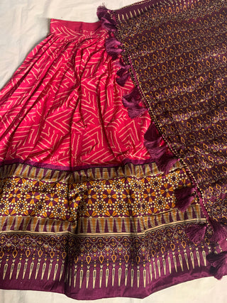 Navaratri, Garba Lehenga - Tussar Silk Lehenga, Blouse & Dupatta Set Bandhej, Ajarakh Print and Gotta Patti Work, Listing ID: 9588477395226
