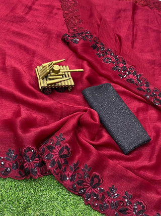 Chiffon Tone To Tone  Black Sequins thread Work Saree And Black Bonding Blouse