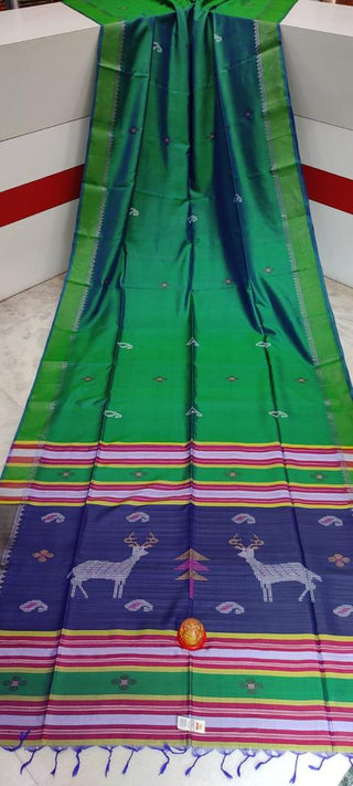Green Color Pure Bisnupuri Katan Silk Saree Zari Border