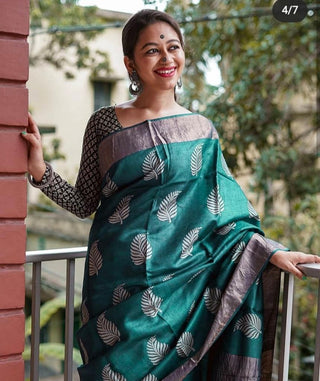 RAMA GREEN COLOR PURE TUSSAR MUNGA EMBROIDERY SILK SAREE