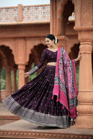Myra-Silk-Lehenga-Blouse-Dupatta-Set-Print-Sequins-Embroidery-Work-Wine-2