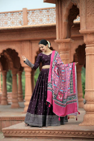 Ship From India! Myra Silk Lehenga & Blouse With Maslin Crochet Printed Dupatta Set, Listing ID: PRE8701945905434