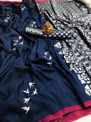 Attractive Pure Lichi Silk Saree With Beautiful Print In Navy blue And Same Color Blouse With Printed butta