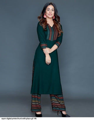 Rayon Digital Printed Kurti With Plazo Green