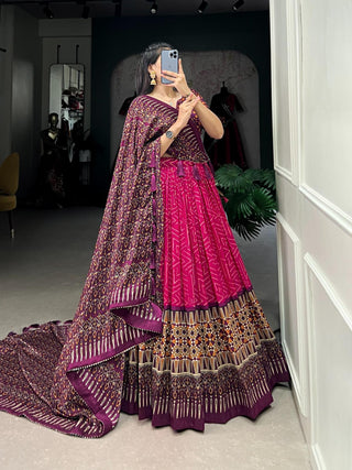Navaratri, Garba Lehenga - Tussar Silk Lehenga, Blouse & Dupatta Set Bandhej, Ajarakh Print and Gotta Patti Work, Listing ID: 9588477395226