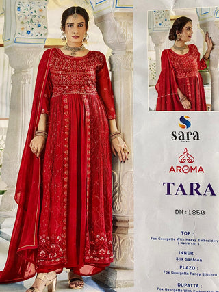 1-4 Days Delivery! Sara Aroma Style Modal Foux Georgette Naira Cut Kurti, Bottom, Dupatta Set with Heavy Embroidery Work, Listing ID: 9864362131738
