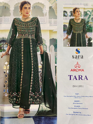 1-4 Days Delivery! Sara Aroma Style Modal Foux Georgette Naira Cut Kurti, Bottom, Dupatta Set with Heavy Embroidery Work, Listing ID: 9864362131738