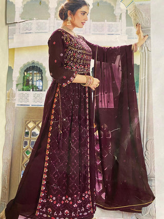 1-4 Days Delivery! Sara Aroma Style Modal Foux Georgette Naira Cut Kurti, Bottom, Dupatta Set with Heavy Embroidery Work, Listing ID: 9864362131738