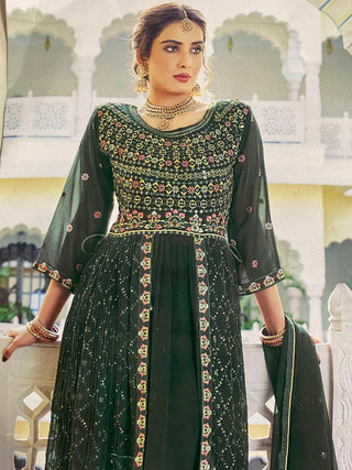 1-4 Days Delivery! Sara Aroma Style Modal Foux Georgette Naira Cut Kurti, Bottom, Dupatta Set with Heavy Embroidery Work, Listing ID: 9864362131738