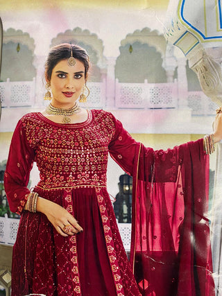 1-4 Days Delivery! Sara Aroma Style Modal Foux Georgette Naira Cut Kurti, Bottom, Dupatta Set with Heavy Embroidery Work, Listing ID: 9864362131738