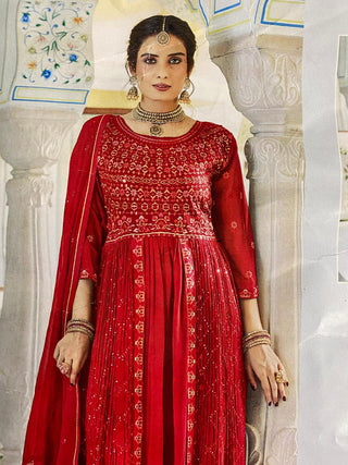 1-4 Days Delivery! Sara Aroma Style Modal Foux Georgette Naira Cut Kurti, Bottom, Dupatta Set with Heavy Embroidery Work, Listing ID: 9864362131738