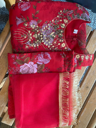 1-4 Days Delivery! Gown, Dupatta Suit Girls Ready to Wear Heavy Fox Georgette Print Sequence Embroidery Work, Listing ID: 9742175666458