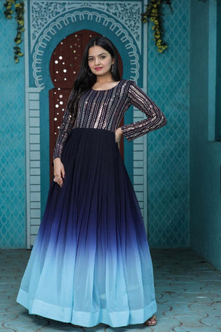 Navy Blue Color Faux Georgette Fairy Gown With Sequins And Digital Print