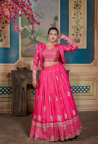 HEAVY CHANDERI COTTON DESIGNER PINK COLOR LEHENGA WITH JACKET