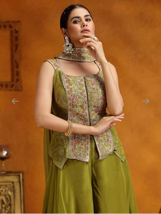 banglory-silk-with-chinon-top-plazzo-dupatta-set-with-multi-color-embroidery-sequence-work-mahendi-3