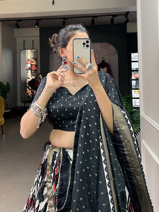 blended-tussar-silk-lehenga-set-with-Leheriya-foil-print-work-black-1