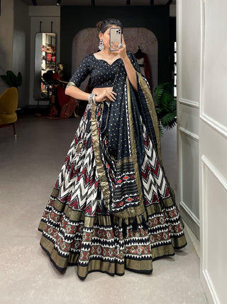 blended-tussar-silk-lehenga-set-with-Leheriya-foil-print-work-black-2