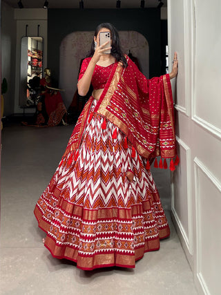 blended-tussar-silk-lehenga-set-with-Leheriya-foil-print-work-red-1