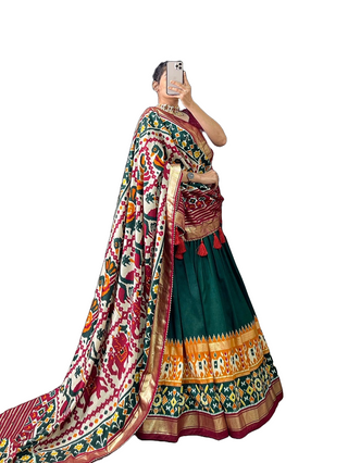 blended-tussar-silk-lehenga-set-with-patola-print-with-foil-work-green-1