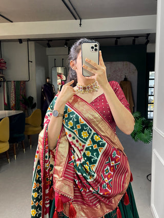 blended-tussar-silk-lehenga-set-with-patola-print-with-foil-work-green-2