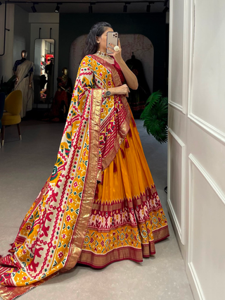blended-tussar-silk-lehenga-set-with-patola-print-with-foil-work-yellow