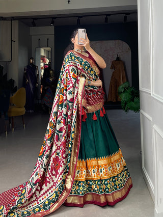 blended_tussar_silk_lehenga_set_with_patola_print_with_foil_work_green_3