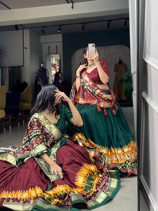 blended_tussar_silk_lehenga_set_with_patola_print_with_foil_work_green_meroon_1
