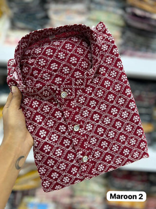 Maroon Color Long Kurta and pyjama set With Chikan Schiffli Embroidery Work