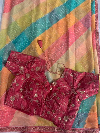 Multi Color Chiffon Saree With foil Print And Embroidered Sequins Border And Embroidered Blouse