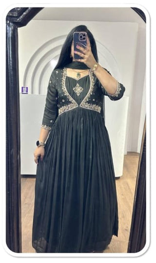 chinnion-silk-georgette-anarkali-long-gown-dupatta-with-yolk-embroidery-bottle-green