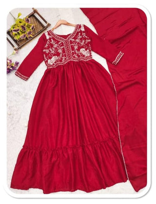 chinnion-silk-georgette-anarkali-long-gown-dupatta-with-yolk-embroidery-red