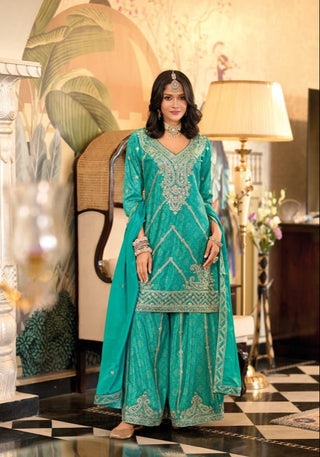 chinon-kurti-palazzo-dupatta-set-with-digital-print-embroidery-work-cyan-1