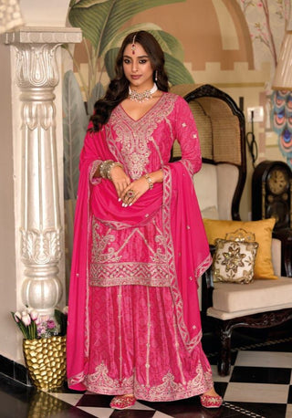 chinon-kurti-palazzo-dupatta-set-with-digital-print-embroidery-work-magenta-1