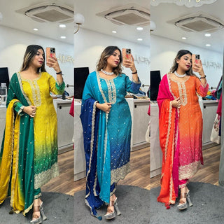 chinon-kurti-pant-dupatta-set-with-bandhni-print-sequence-coding-work