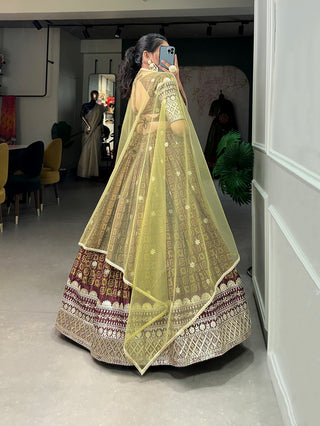chinon-lehenga-blouse-dupatta-set-with-print-embroidery-sequins-work-brown-2