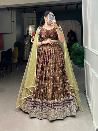 chinon-lehenga-blouse-dupatta-set-with-print-embroidery-sequins-work-brown