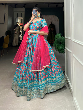 chinon-lehenga-blouse-dupatta-set-with-print-embroidery-sequins-work-turquoise