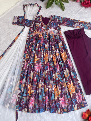 cotton-aliya-cut-gown-pant-dupatta-with-digital-print-hand-made-glass-mirror-work-color-maroon
